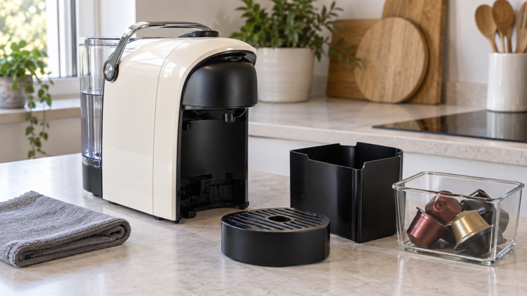 Parti rimovibili di una macchina da caffè a capsule pronte per la pulizia