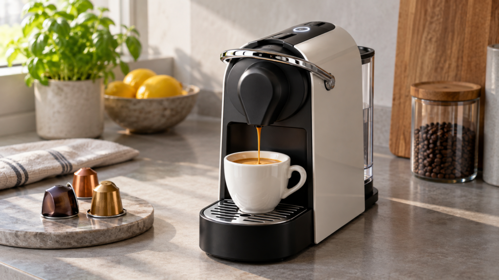 Macchina da caffè a capsule pronta all’erogazione con pulsante illuminato