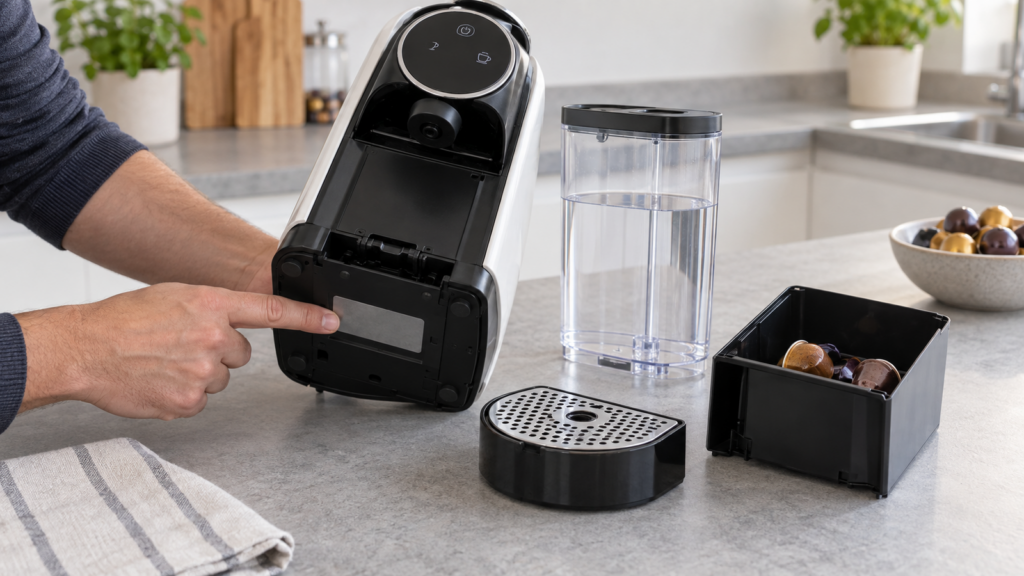 Controllo dell’etichetta seriale sotto una macchina da caffè a capsule