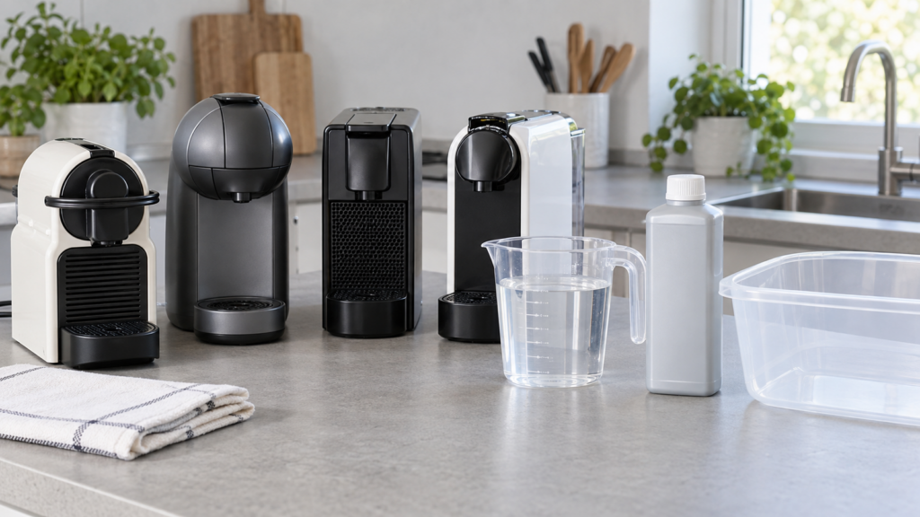 Macchine da caffè a capsule con acqua e prodotto decalcificante preparati