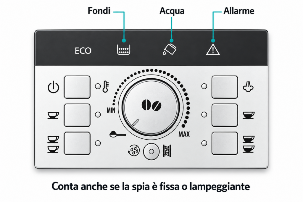Illustrazione del pannello Magnifica S con indicatori fondi, acqua e allarme