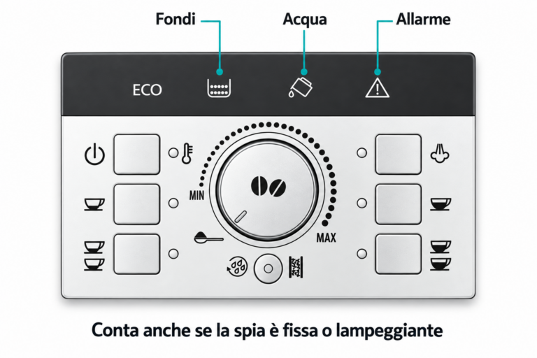 Illustrazione del pannello Magnifica S con indicatori fondi, acqua e allarme