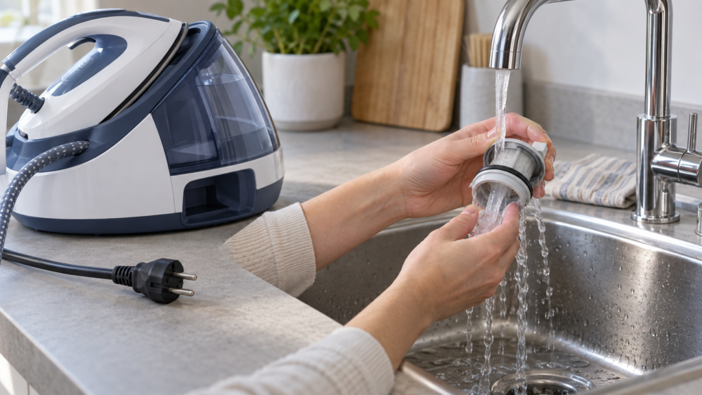 Risciacquo con acqua del raccoglitore anticalcare di un sistema da stiro