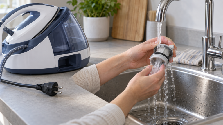Risciacquo con acqua del raccoglitore anticalcare di un sistema da stiro