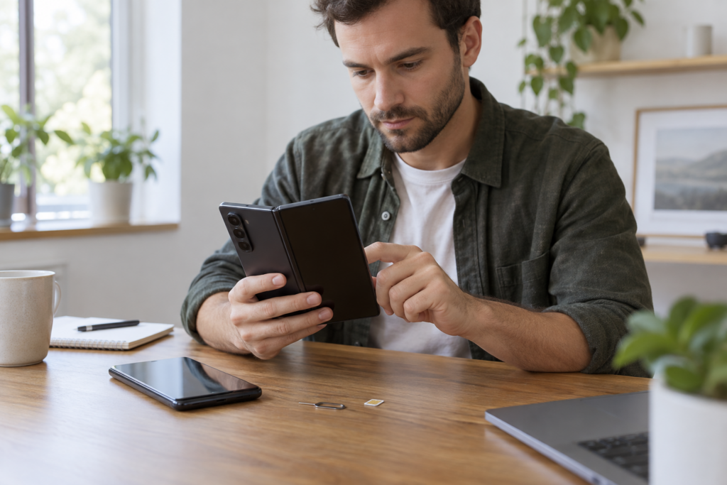 Persona che controlla la compatibilità eSIM per iPhone Duo