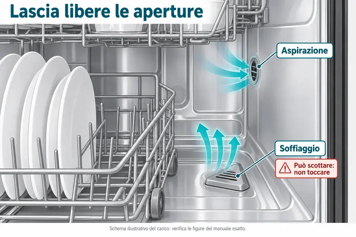 Schema delle aperture di aspirazione e soffiaggio della zeolite lasciate libere dalle stoviglie