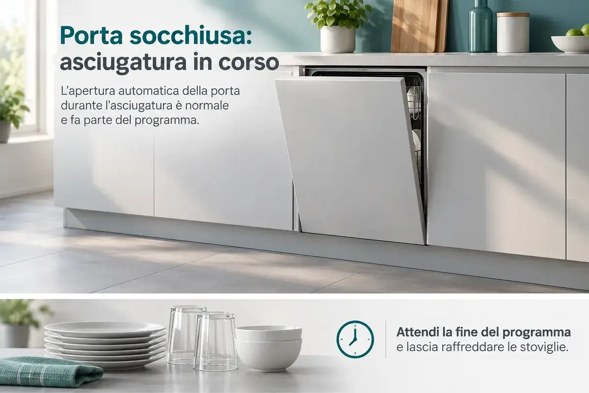 Illustrazione concettuale di una lavastoviglie con porta socchiusa durante l'asciugatura e stoviglie da prelevare solo a programma terminato.