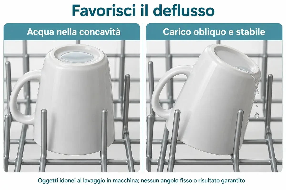 Confronto tra acqua raccolta nella concavità di una tazza capovolta e carico obliquo che favorisce il deflusso