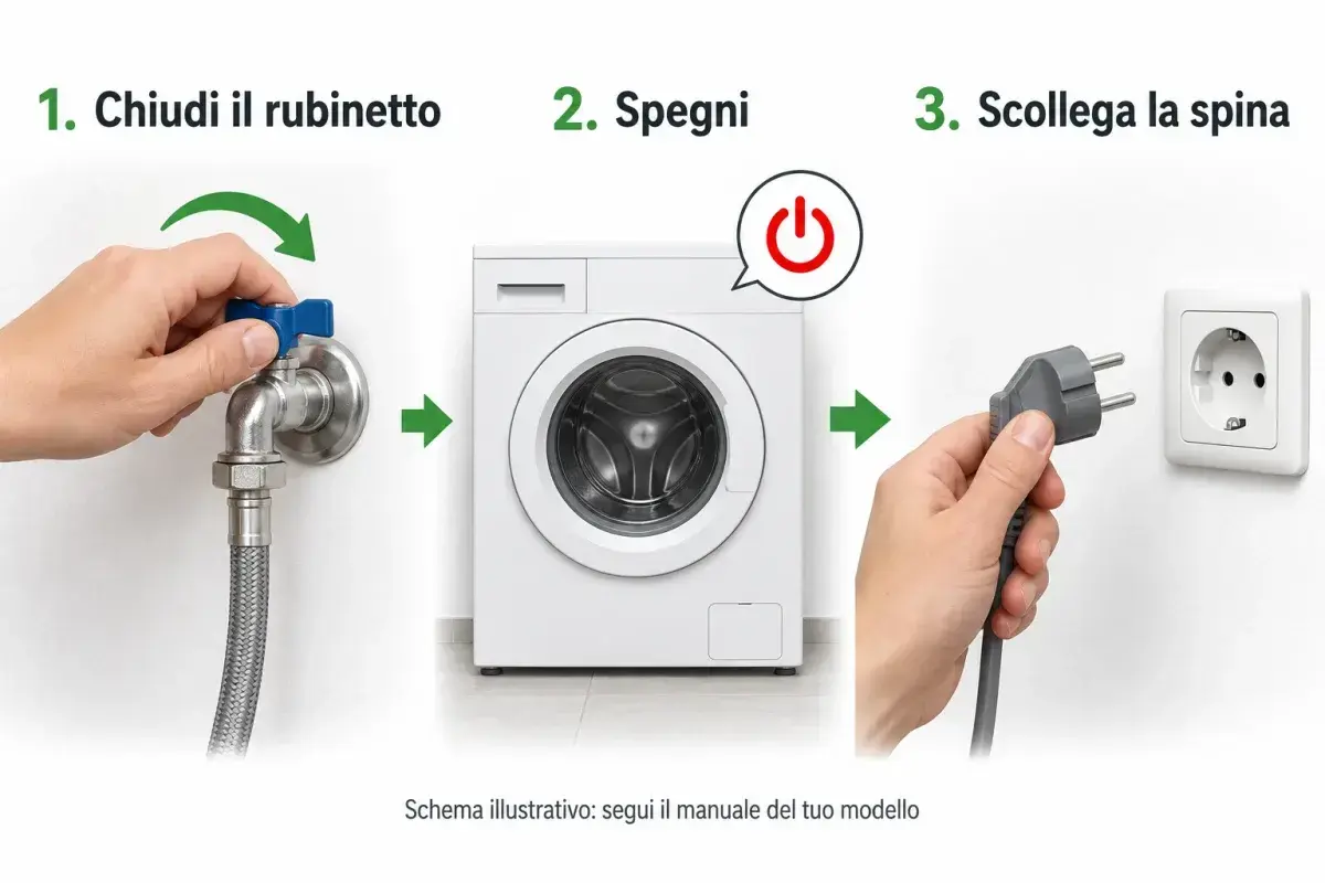 Sequenza illustrativa: chiudere il rubinetto, spegnere la lavatrice e scollegare la spina afferrandola dal corpo.