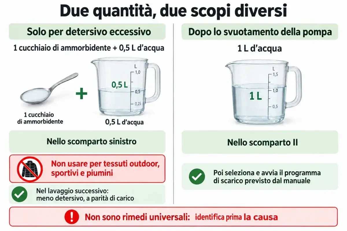 Confronto: solo per detersivo eccessivo, un cucchiaio di ammorbidente con mezzo litro d'acqua nello scomparto sinistro, esclusi outdoor, sportivi e piumini; dopo lo svuotamento della pompa, un litro d'acqua nello scomparto II.