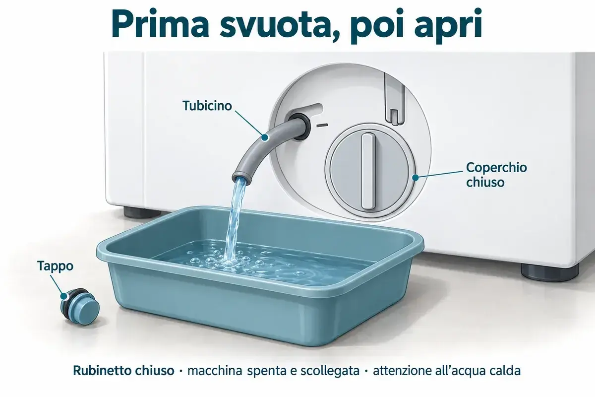 Tubicino di svuotamento diretto nel recipiente, tappo separato e coperchio della pompa ancora chiuso.